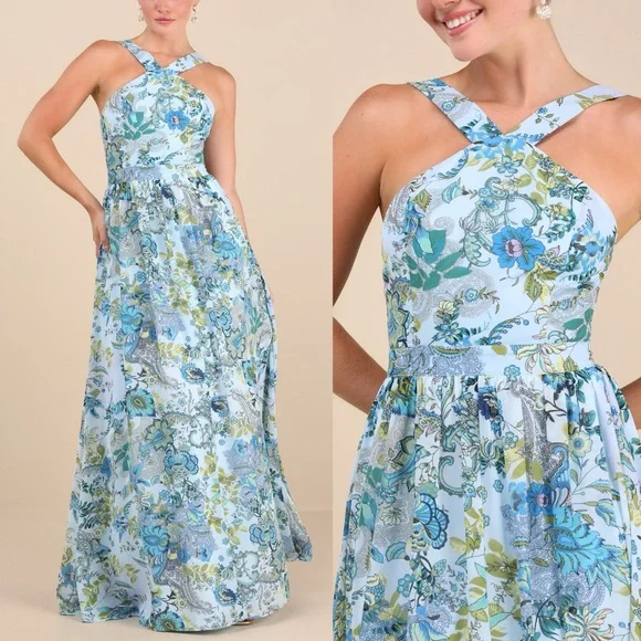 NWT Lulus Lilja Blue Floral Print Maxi Dress | Medium - Picture 1 of 10